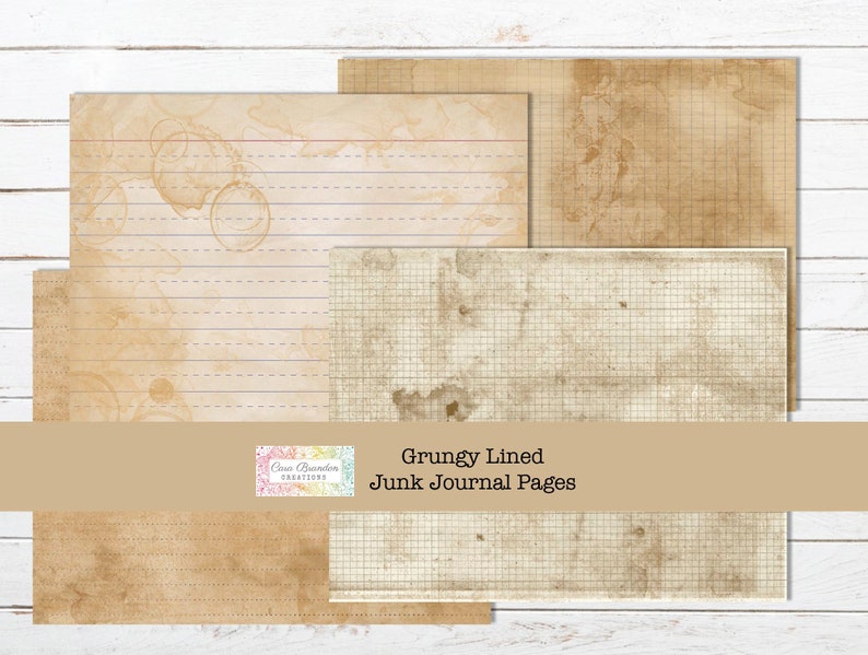 May include: Four digital paper pages with a grunge aesthetic. The pages are lined, gridded, and have a vintage look with brown and tan tones. The text "Grungy Lined Junk Journal Pages" is at the bottom of the image.