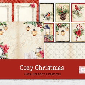 May include: A digital paper pack with a cozy Christmas theme. The pack includes images of ornaments, pine cones, lanterns, and a cardinal bird. The paper pack is perfect for scrapbooking, card making, and other paper crafts.