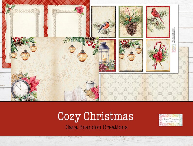 May include: A digital paper pack with a cozy Christmas theme. The pack includes images of ornaments, pine cones, lanterns, and a cardinal bird. The paper pack is perfect for scrapbooking, card making, and other paper crafts.