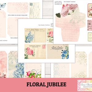 May include: A digital printable kit featuring floral designs, including a layered pocket, tags, and postcards. The kit includes a variety of floral patterns and colors, including pink, blue, and green. The text "FLORAL JUBILEE" is printed in large letters at the bottom of the page.
