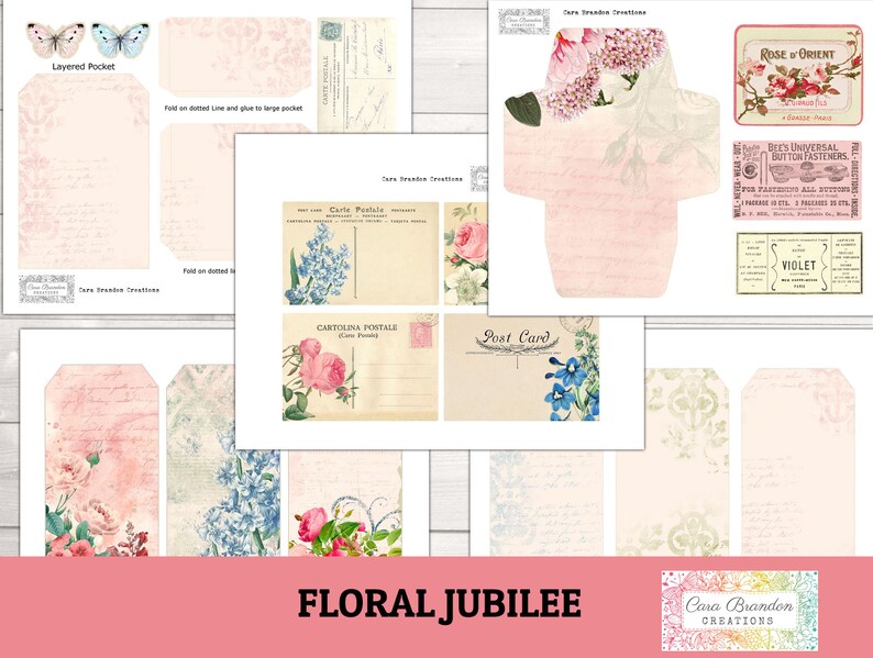 May include: A digital printable kit featuring floral designs, including a layered pocket, tags, and postcards. The kit includes a variety of floral patterns and colors, including pink, blue, and green. The text "FLORAL JUBILEE" is printed in large letters at the bottom of the page.