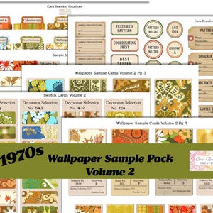 May include: A collection of printable sheets featuring 1970s wallpaper sample cards, swatch cards, and pattern record tags by Cara Brandon Creations. The designs include various floral, geometric, and paisley patterns in orange, green, and blue.
