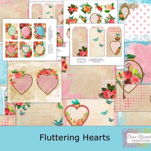 May include: A digital collage sheet with a vintage aesthetic featuring various images of hearts, flowers, birds, and keys. The sheet is titled "Fluttering Hearts" and is by Cara Brandon Creations.