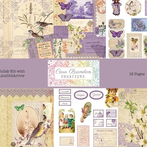 Peut inclure: Un kit de collage num&eacute;rique avec 16 pages d'images d'inspiration vintage mettant en sc&egrave;ne des motifs floraux, des oiseaux, des papillons et du texte. Le kit est intitul&eacute; "Collab Kit with LineDotArrow" et "Cara Brandon Creations".