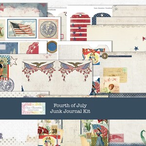 Fourth of July Junk Journal Kit, Patriotic Scrapbook Supplies, Red, White, Blue Ephemera Pack, Independence Day Paper Crafting Bundle