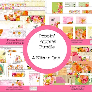 PACOTE Kit de diário de lixo eletrônico Poppin' Poppies, incluindo kit de diário, fólio, cartões de diário e páginas de colagem