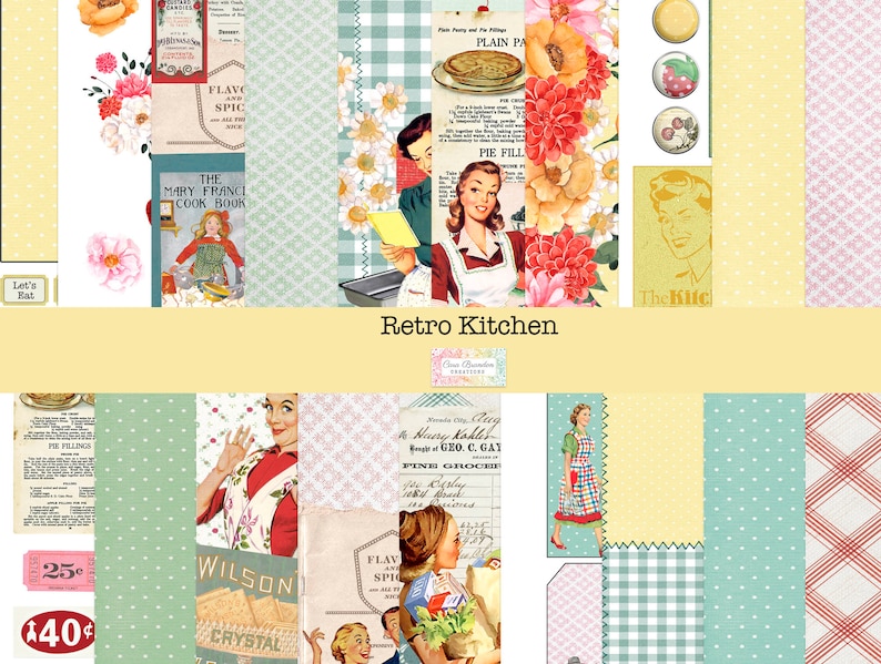 May include: A collage of vintage images with a retro kitchen theme. The images include a woman in a red dress and apron, a cookbook, a pie, and various floral patterns. The text "Retro Kitchen" is displayed in the centre of the collage.