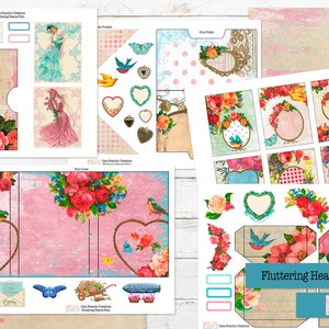 May include: A printable digital paper craft folio with a pink and blue color scheme. The folio features a floral design with hearts, birds, and butterflies. The title of the folio is "Fluttering Hearts Folio".