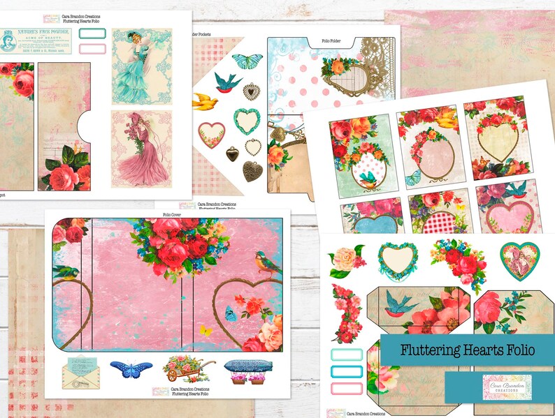 May include: A printable digital paper craft folio with a pink and blue color scheme. The folio features a floral design with hearts, birds, and butterflies. The title of the folio is "Fluttering Hearts Folio".