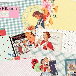 May include: A digital collage sheet with a retro kitchen theme. The sheet features images of women in vintage clothing, a cookbook, a jar of preserves, and a box of Jell-O ice cream powder. The text "Retro Kitchen" is at the top of the sheet.