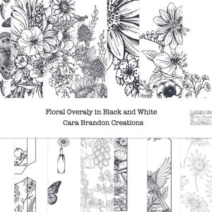 Zwart-witte Junk Journal Kit, Zwart-witte Floral Junk Journal Kit, Floral Overlay Journal Kit in zwart en wit