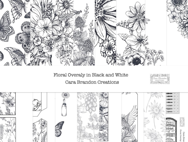 Black and White Floral Junk Journal Kit (Digital Download) image 1