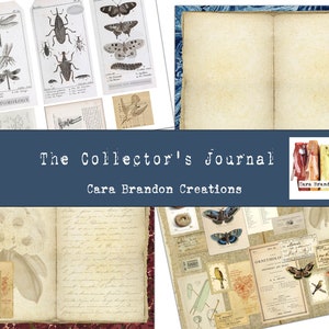 May include: A vintage-style journal with a blue cover and the text "The Collector's Journal" and "Cara Brandon Creations". The journal is open to reveal blank pages with a decorative border. The pages are filled with vintage illustrations of insects, birds, and flowers.