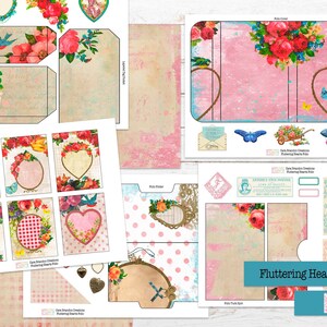 May include: A printable digital paper pack with a vintage aesthetic featuring floral designs, hearts, and butterflies. The pack includes a folio cover, folder tabs, and various decorative elements. The text "Fluttering Hearts Folio" is featured on the page.