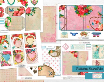 Fluttering Hearts Folio Kit, Valentine's Day Floral Ephemera (Digital Download)