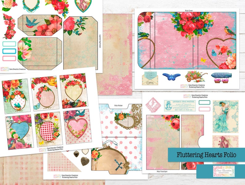 May include: A printable digital paper pack with a vintage aesthetic featuring floral designs, hearts, and butterflies. The pack includes a folio cover, folder tabs, and various decorative elements. The text "Fluttering Hearts Folio" is featured on the page.