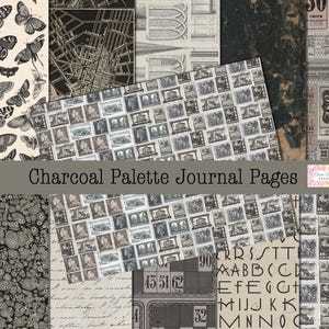 May include: A collection of charcoal-toned journal pages with various designs. The pages feature butterfly illustrations, maps, postage stamp patterns, and ticket stubs. The text "Charcoal Palette Journal Pages" is displayed across the image.