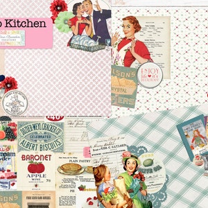May include: A collage of vintage kitchen images, including a couple in a kitchen, a woman in a red dress, and various food and drink products. The collage is set against a pink and white checked background.