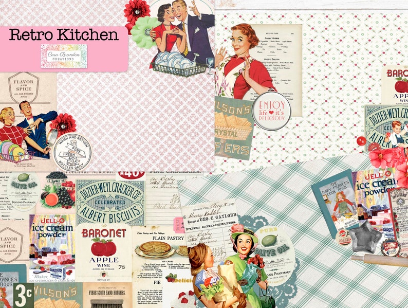 May include: A collage of vintage kitchen images, including a couple in a kitchen, a woman in a red dress, and various food and drink products. The collage is set against a pink and white checked background.