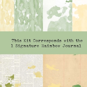 May include: A digital collage of four watercolor textures in yellow, green, and white. The text "This Kit Corresponds with the 1 Signature Rainbow Journal" is displayed in black text on a green background.