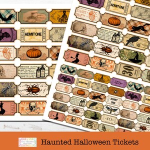 May include: A sheet of printable Halloween themed tickets with various images including bats, skulls, pumpkins, potion bottles, insects, and a witch. The tickets have text that says "Admit One" and "Haunted Halloween Tickets".