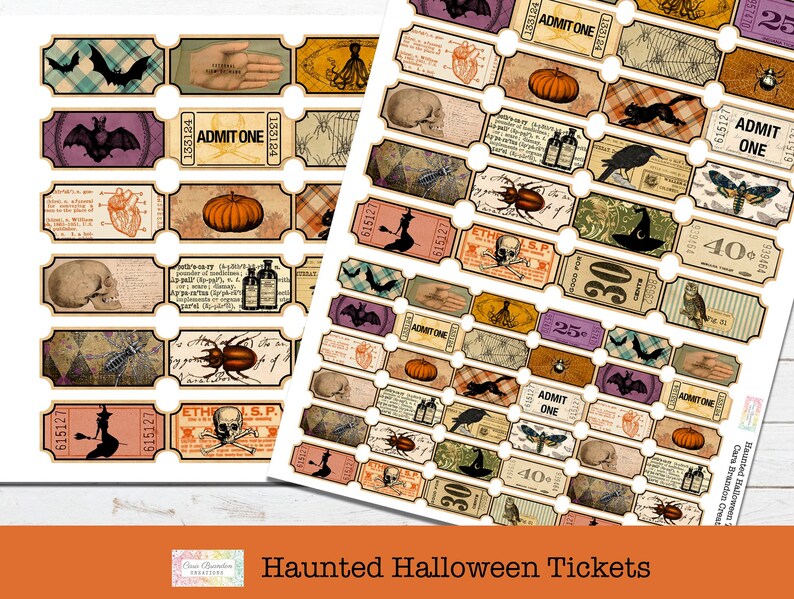May include: A sheet of printable Halloween themed tickets with various images including bats, skulls, pumpkins, potion bottles, insects, and a witch. The tickets have text that says "Admit One" and "Haunted Halloween Tickets".