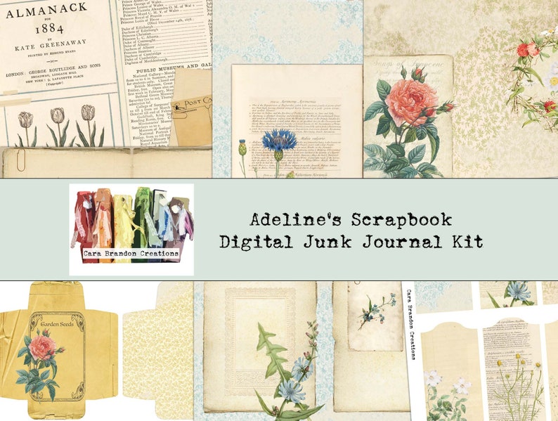 May include: A digital junk journal kit with a vintage aesthetic. The kit includes various papers, ephemera, and images with floral and botanical themes. The title "Adeline's Scrapbook Digital Junk Journal Kit" is displayed in a vintage font.