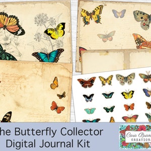 K&ouml;nnte beinhalten: Ein digitales Journal-Kit mit Schmetterlings-Motiv. Das Kit enth&auml;lt eine Vielzahl von Papieren, Stickern und Verzierungen. Die Papiere haben einen Vintage-Look mit einem verwitterten Hintergrund. Die Sticker und Verzierungen zeigen Schmetterlinge in verschiedenen Farben und Designs. Das Kit enth&auml;lt auch eine Titelseite mit dem Text "The Butterfly Collector Digital Journal Kit".