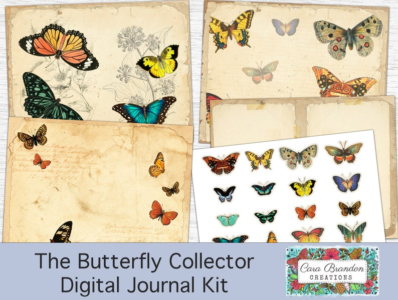 K&ouml;nnte beinhalten: Ein digitales Journal-Kit mit Schmetterlings-Motiv. Das Kit enth&auml;lt eine Vielzahl von Papieren, Stickern und Verzierungen. Die Papiere haben einen Vintage-Look mit einem verwitterten Hintergrund. Die Sticker und Verzierungen zeigen Schmetterlinge in verschiedenen Farben und Designs. Das Kit enth&auml;lt auch eine Titelseite mit dem Text "The Butterfly Collector Digital Journal Kit".