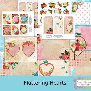May include: A digital collage sheet with a vintage aesthetic featuring various images of hearts, flowers, birds, and keys. The sheet is titled "Fluttering Hearts" and is by Cara Brandon Creations.