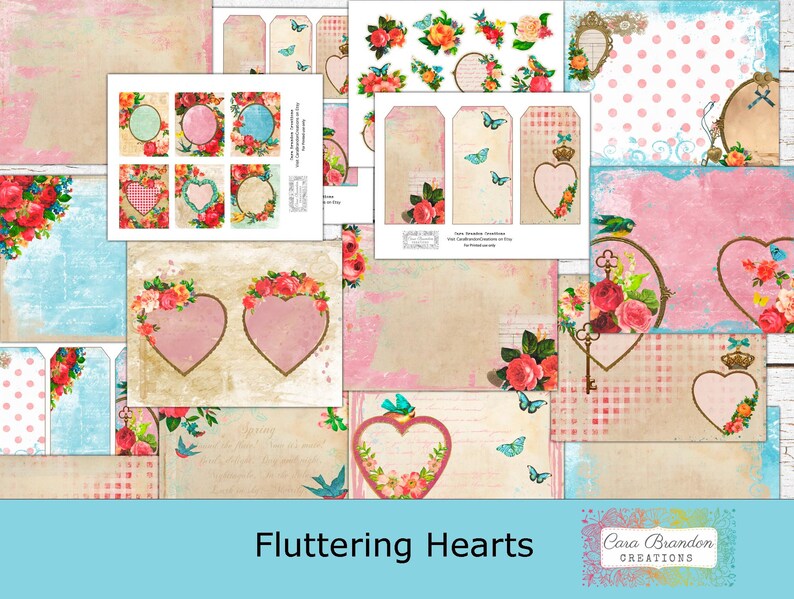 May include: A digital collage sheet with a vintage aesthetic featuring various images of hearts, flowers, birds, and keys. The sheet is titled "Fluttering Hearts" and is by Cara Brandon Creations.
