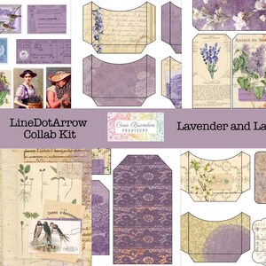 Peut inclure: Un kit de collage num&eacute;rique avec des images de fleurs de lavande, de dentelle et d'illustrations botaniques vintage. Le kit est intitul&eacute; "LineDotArrow Collab Kit" et "Lavender and Lace".