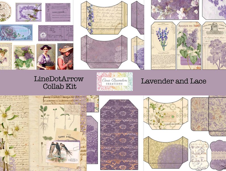 Peut inclure: Un kit de collage num&eacute;rique avec des images de fleurs de lavande, de dentelle et d'illustrations botaniques vintage. Le kit est intitul&eacute; "LineDotArrow Collab Kit" et "Lavender and Lace".