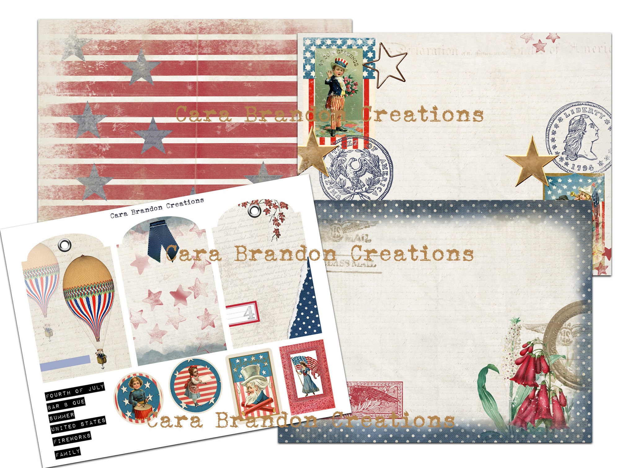 Fourth of July, Americana, Memorial Day Digital Junk Journal Kit, Red…