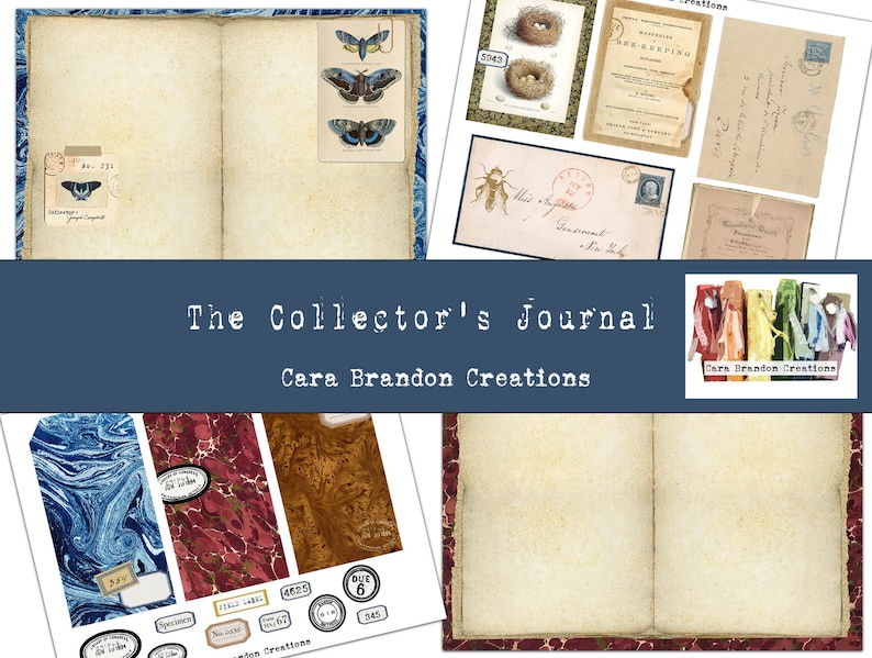 May include: A digital collage sheet with vintage images and text, including butterflies, birds nests, and a book with the title "The Collector's Journal" by Cara Brandon Creations.