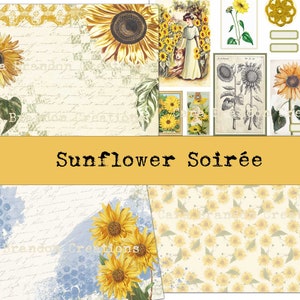 Könnte beinhalten: Ein digitales Collage-Blatt mit Sonnenblumen-Illustrationen in verschiedenen Stilen. Das Blatt enthält den Titel "Sunflower Soirée" und einen Hintergrund aus handschriftlichem Text. Das Blatt ist perfekt für Scrapbooking, Kartenherstellung und andere Papierarbeiten.
