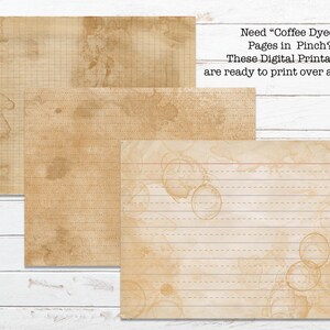 May include: Three digital printable pages with a coffee-stained look. The pages have different styles: one with a grid pattern, one with lined paper, and one with lined paper and coffee ring stains.
