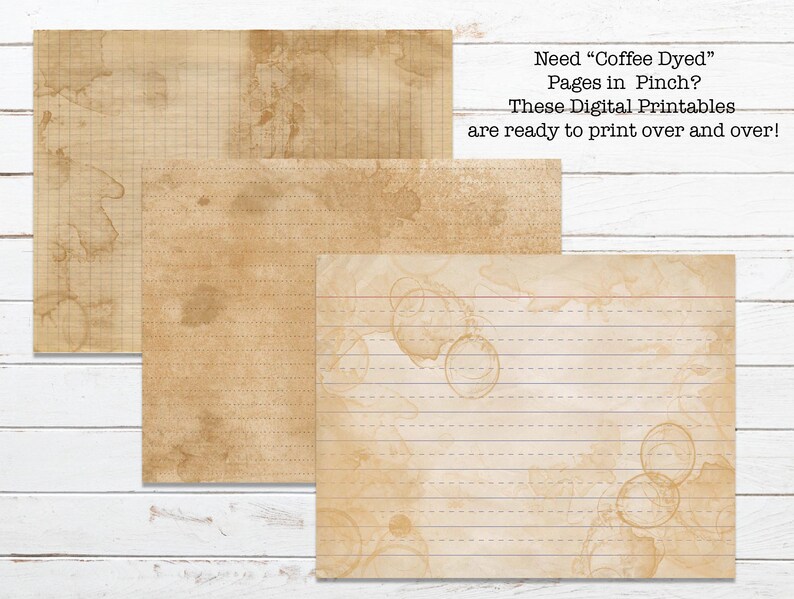 May include: Three digital printable pages with a coffee-stained look. The pages have different styles: one with a grid pattern, one with lined paper, and one with lined paper and coffee ring stains.