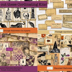 May include: A digital collage sheet with vintage Halloween images, including skeletons, bats, owls, and apothecary labels. The sheet is titled "Grunge Halloween Cut Aparts", "Vintage Apothecary Labels", "Haunted Halloween Specimens Purple Junk Journal Kit", and "Haunted Halloween Ephemera".