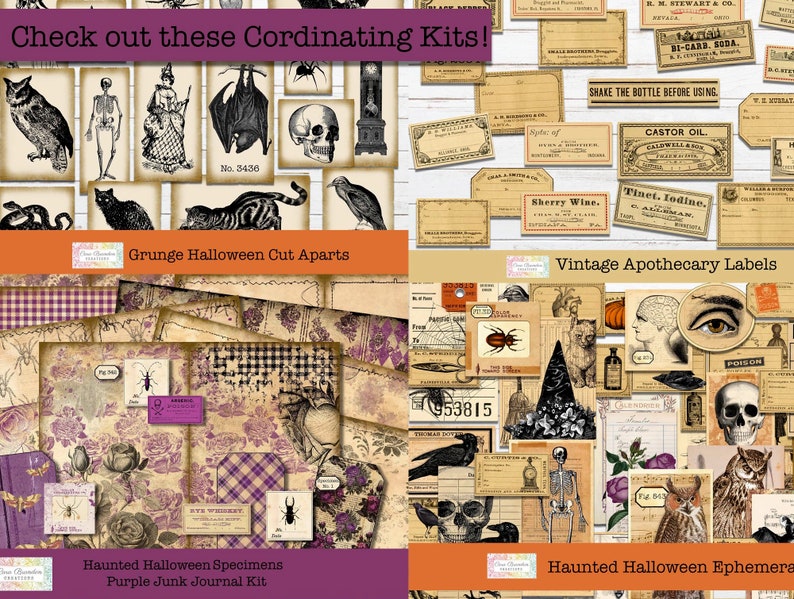 May include: A digital collage sheet with vintage Halloween images, including skeletons, bats, owls, and apothecary labels. The sheet is titled "Grunge Halloween Cut Aparts", "Vintage Apothecary Labels", "Haunted Halloween Specimens Purple Junk Journal Kit", and "Haunted Halloween Ephemera".