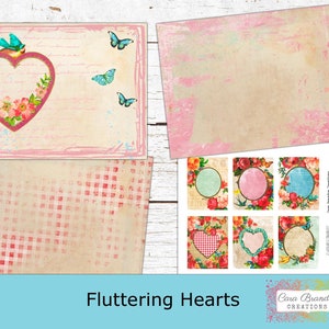 May include: A digital paper pack with a vintage aesthetic featuring a pink heart with floral accents, a gingham pattern, and a variety of frames with floral accents and butterflies. The text "Fluttering Hearts" and "Cara Brandon Creations" is included in the image.