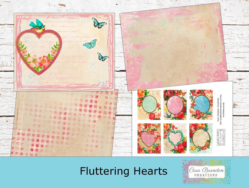 May include: A digital paper pack with a vintage aesthetic featuring a pink heart with floral accents, a gingham pattern, and a variety of frames with floral accents and butterflies. The text "Fluttering Hearts" and "Cara Brandon Creations" is included in the image.