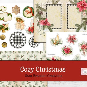 May include: Cozy Christmas digital paper pack with a red, white, and black plaid pattern, a variety of Christmas-themed images, and the text "Cozy Christmas Cara Brandon Creations".