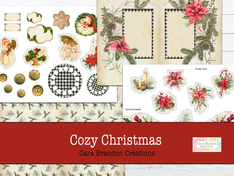 May include: Cozy Christmas digital paper pack with a red, white, and black plaid pattern, a variety of Christmas-themed images, and the text "Cozy Christmas Cara Brandon Creations".