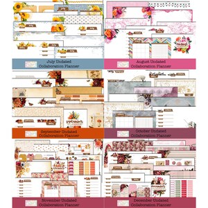 May include: A set of 12 printable planner pages featuring a fall theme with floral and autumnal designs. The pages are undated and include monthly calendars, weekly spreads, and note pages. The pages are labeled with the months of July through December.