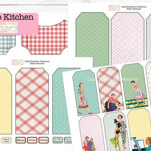 May include: Printable digital download of 12 retro kitchen themed gift tags. The tags feature a variety of patterns and images, including gingham, polka dots, and vintage illustrations of women in the kitchen. The text "Let's Eat", "Delicious", "Dinner Time", "Menu", "Recipe", "Baking", "In The Kitchen", and "Dish" is included on the tags.