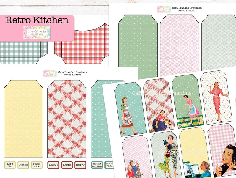 May include: Printable digital download of 12 retro kitchen themed gift tags. The tags feature a variety of patterns and images, including gingham, polka dots, and vintage illustrations of women in the kitchen. The text "Let's Eat", "Delicious", "Dinner Time", "Menu", "Recipe", "Baking", "In The Kitchen", and "Dish" is included on the tags.