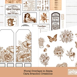 May include: A set of printable digital floral overlays in sepia tones. The overlays feature various floral designs, including bouquets, single flowers, and butterflies. The overlays are perfect for adding a vintage touch to your crafts and projects.