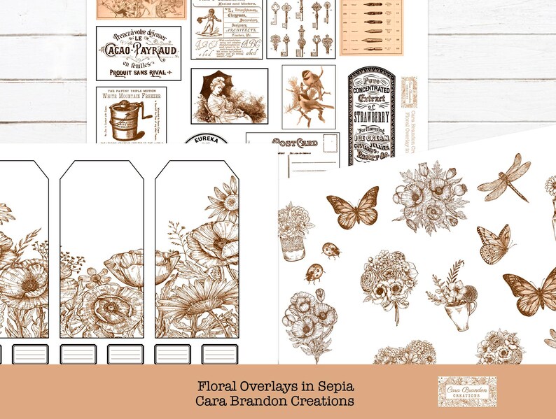 May include: A set of printable digital floral overlays in sepia tones. The overlays feature various floral designs, including bouquets, single flowers, and butterflies. The overlays are perfect for adding a vintage touch to your crafts and projects.