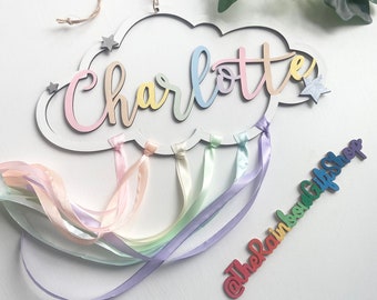 Wooden Pastel Rainbow Sign, name word personalised cloud, pink pastels silver, bedroom decor, baby gift present, Dreamer